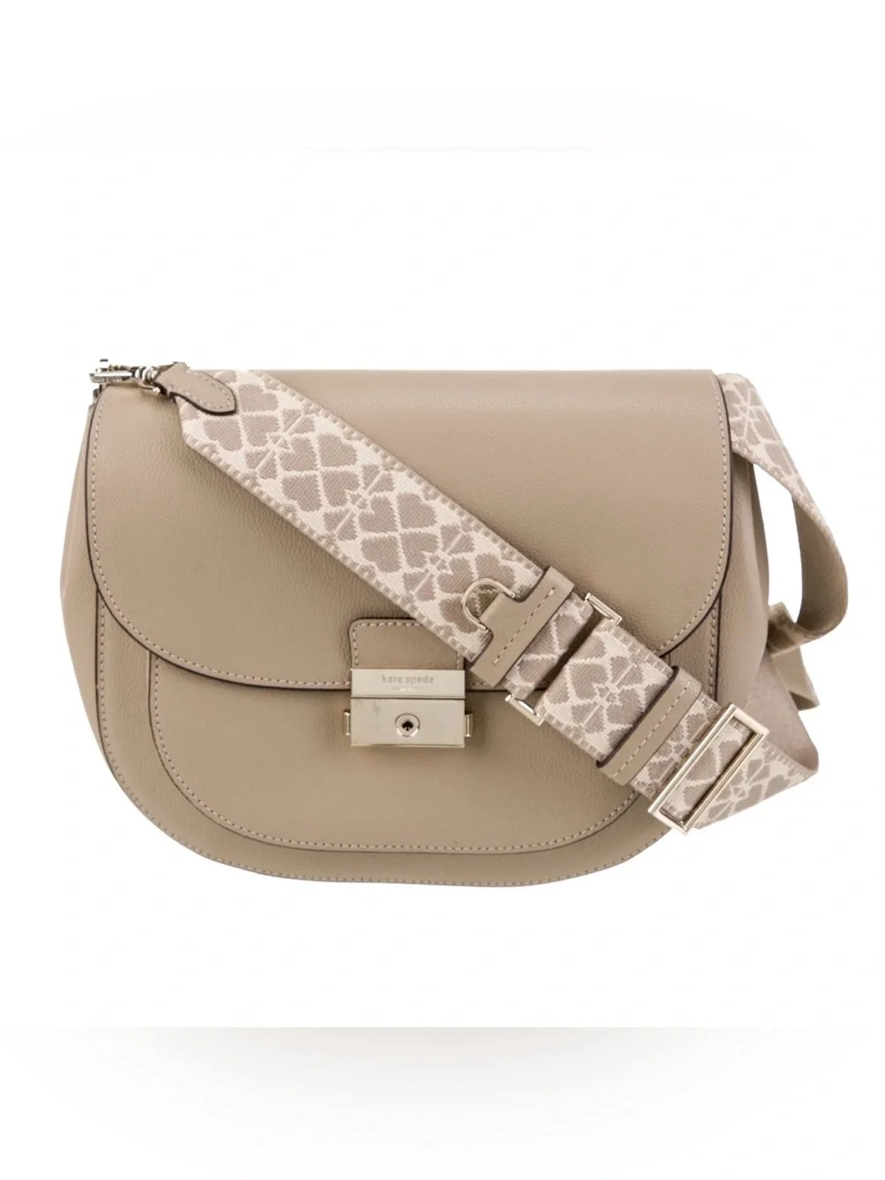 kate spade taupe leather saddle bag with patterned beige strap